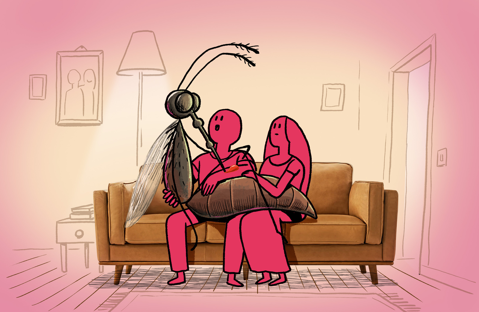 Illustration of a mosquito character sitting on a sofa with two children in a living room setting