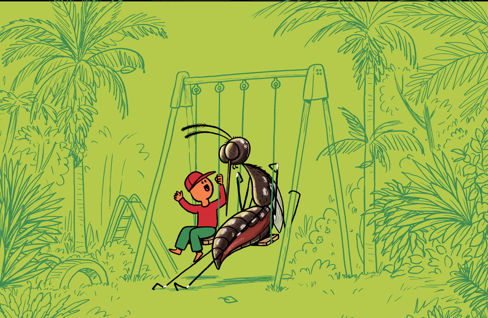 Illustration of a child on a swing set in a garden, with a mosquito character flying alongside