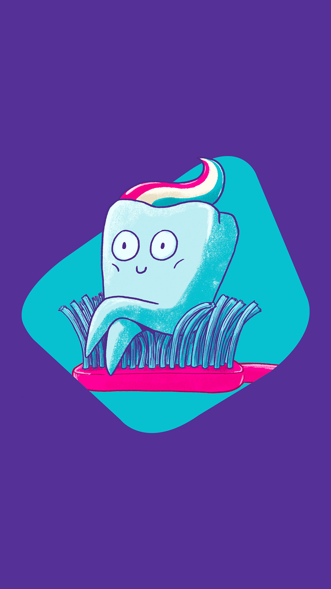 Illustrated tooth character with a toothpaste quiff, sitting on a toothbrush, purple background