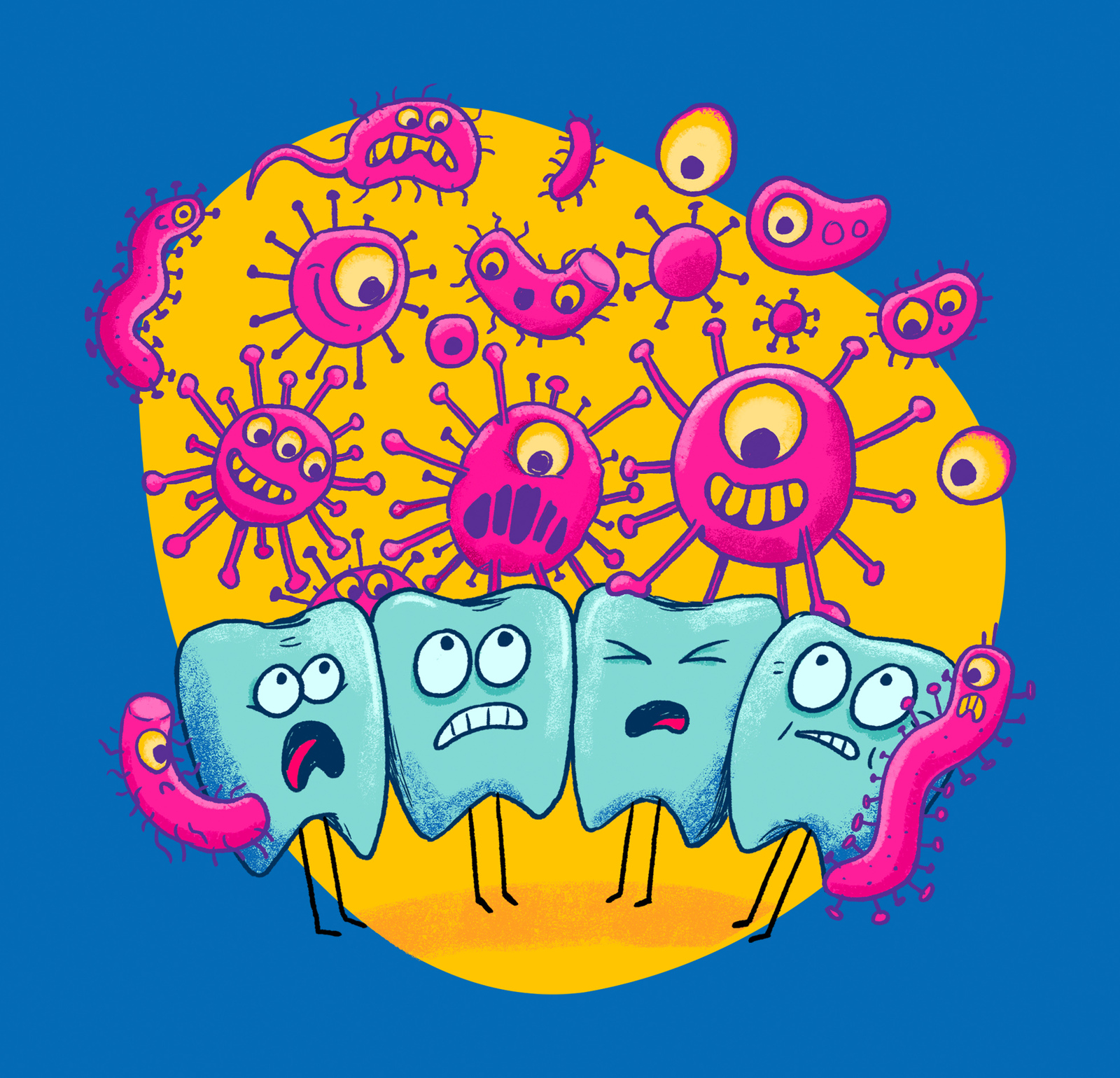Illustration of four scared tooth characters under a swarm of cartoon bacteria and germs, blue background