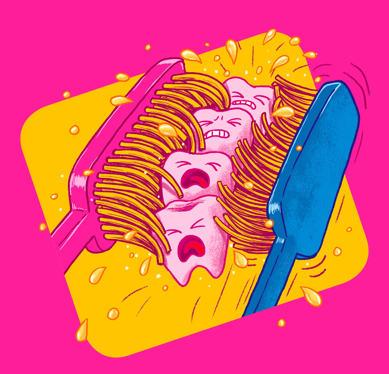 Illustration of a toothbrush scrubbing against crying tooth characters covered in food debris, pink and yellow background