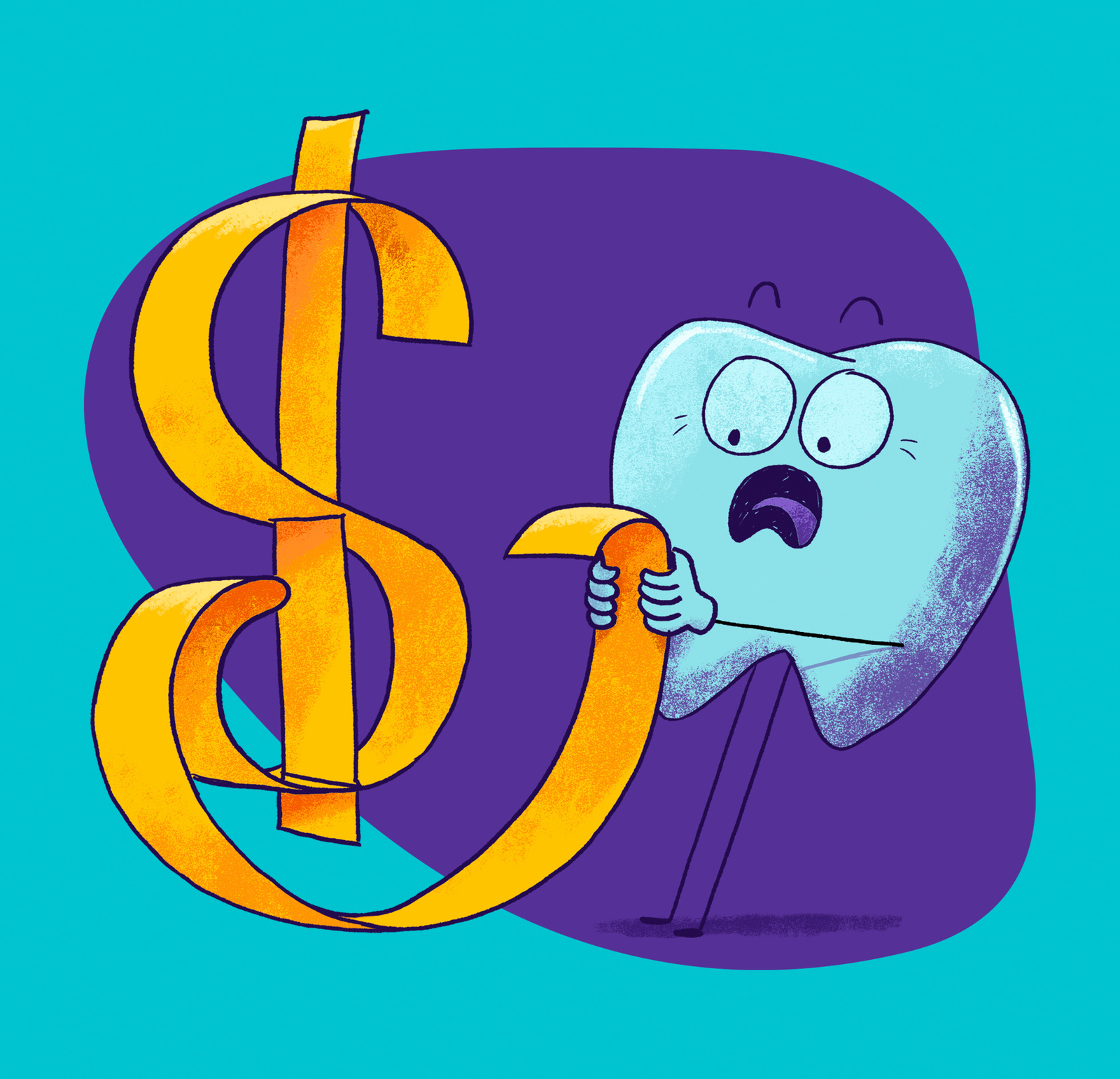 Illustration of a worried tooth character holding a large dollar sign, teal and purple background