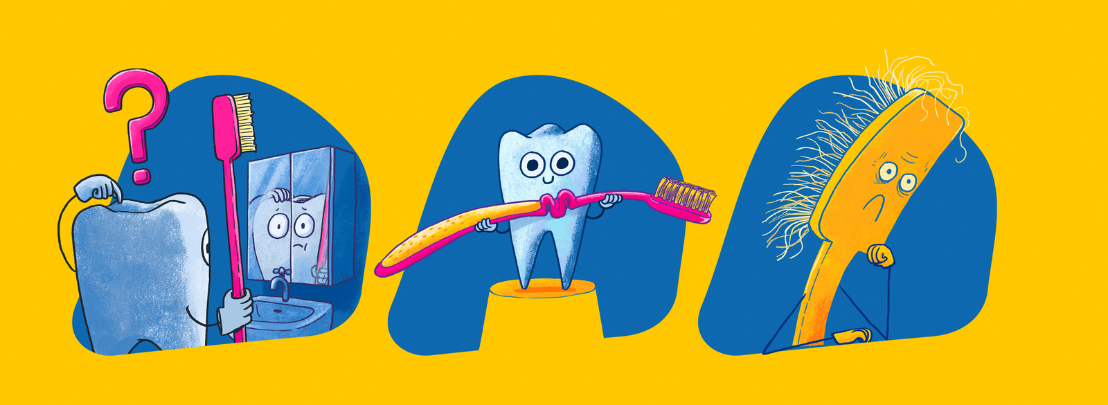 Illustration of a dental care kit, toothpaste, a toothbrush character and floss, yellow background