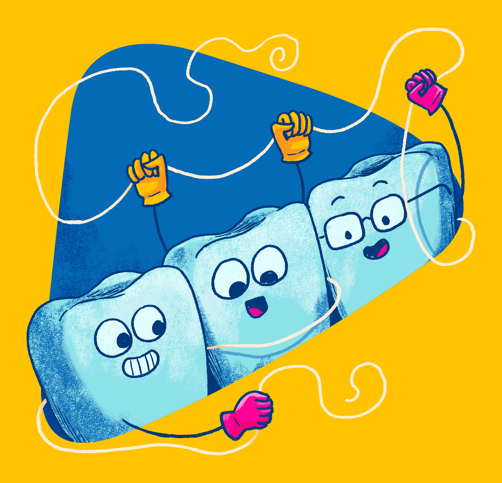 Illustration of three tooth characters connected together by dental floss, yellow and blue background