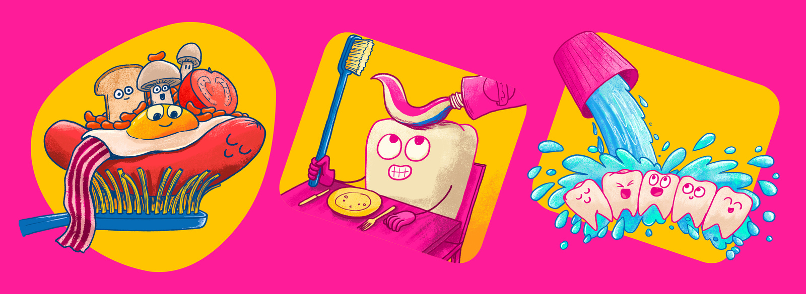 Illustration of a bowl of sugary food, a toothpaste tube character and a splash of water, pink background