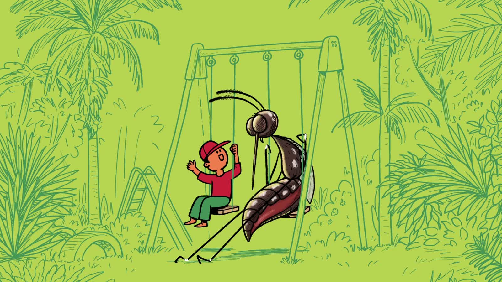 Merck, a large illustrated mosquito beside a child on a swing
