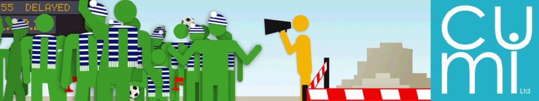 Network Rail Think Safety, illustrated banner from the original campaign page for Quite a Shock, The Cow and Portaloo, a crowd of football fan characters at a delayed departure board