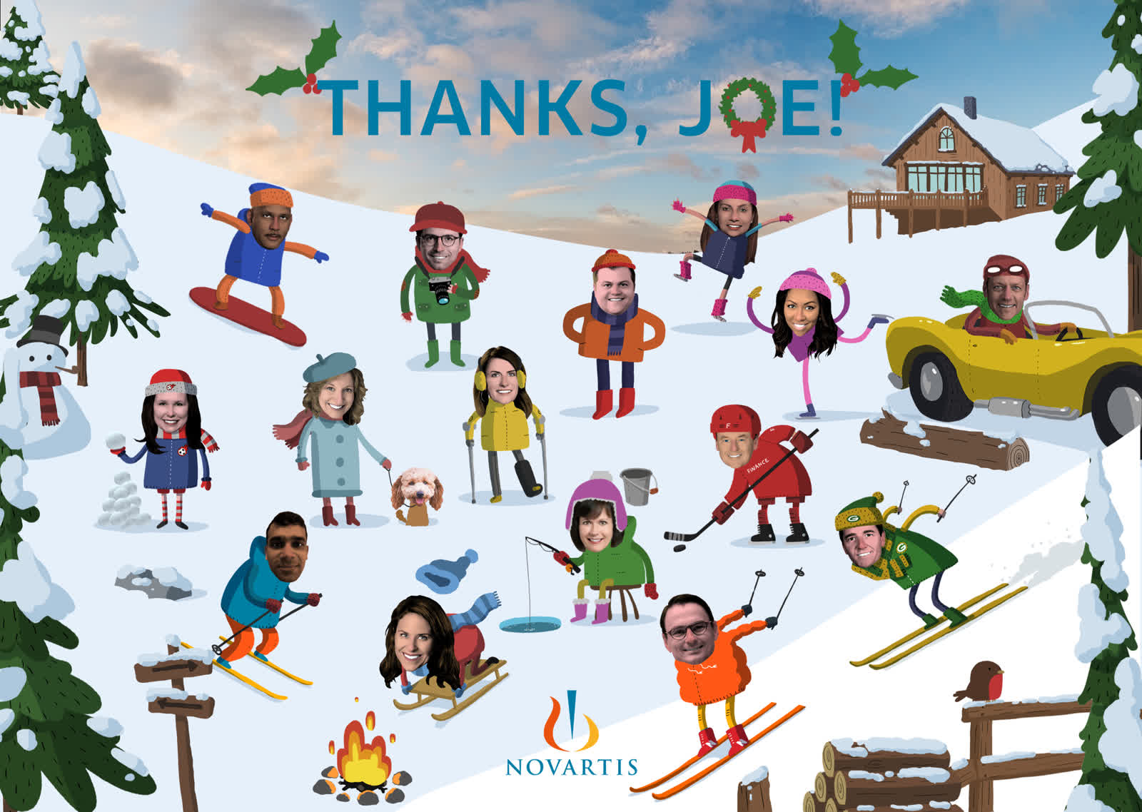 Illustrated snowy mountain scene titled "Thanks, Joe!", populated with around 15 Novartis team members individually illustrated as winter sports characters