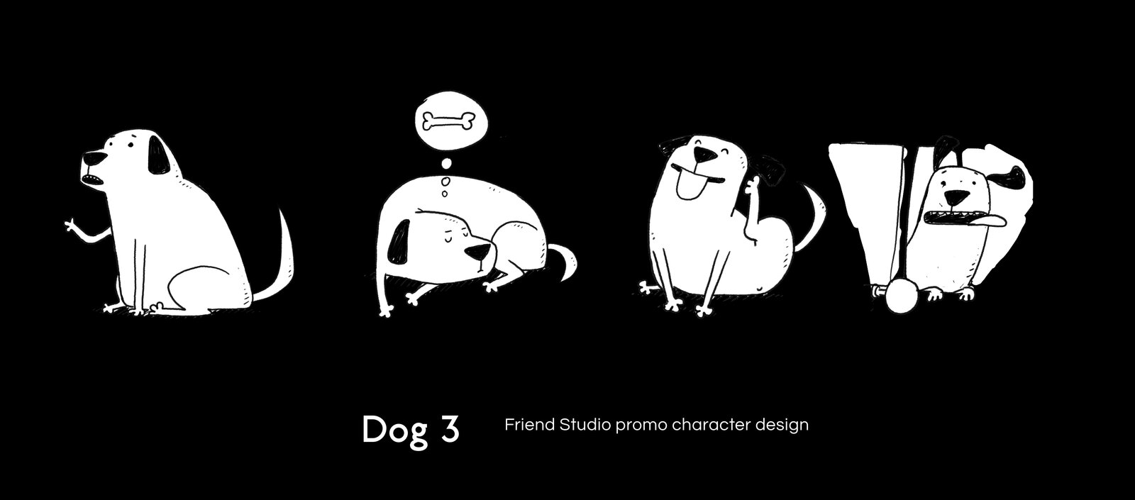 Sheet of rough dog character sketches labelled 'Dog 3', exploring pose and expression for Friend Studio's mascot