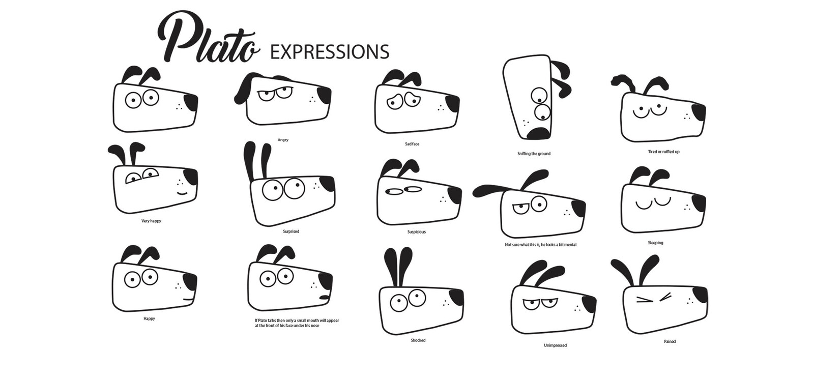 Plato character expression sheet, showing his range of moods from angry to sleeping