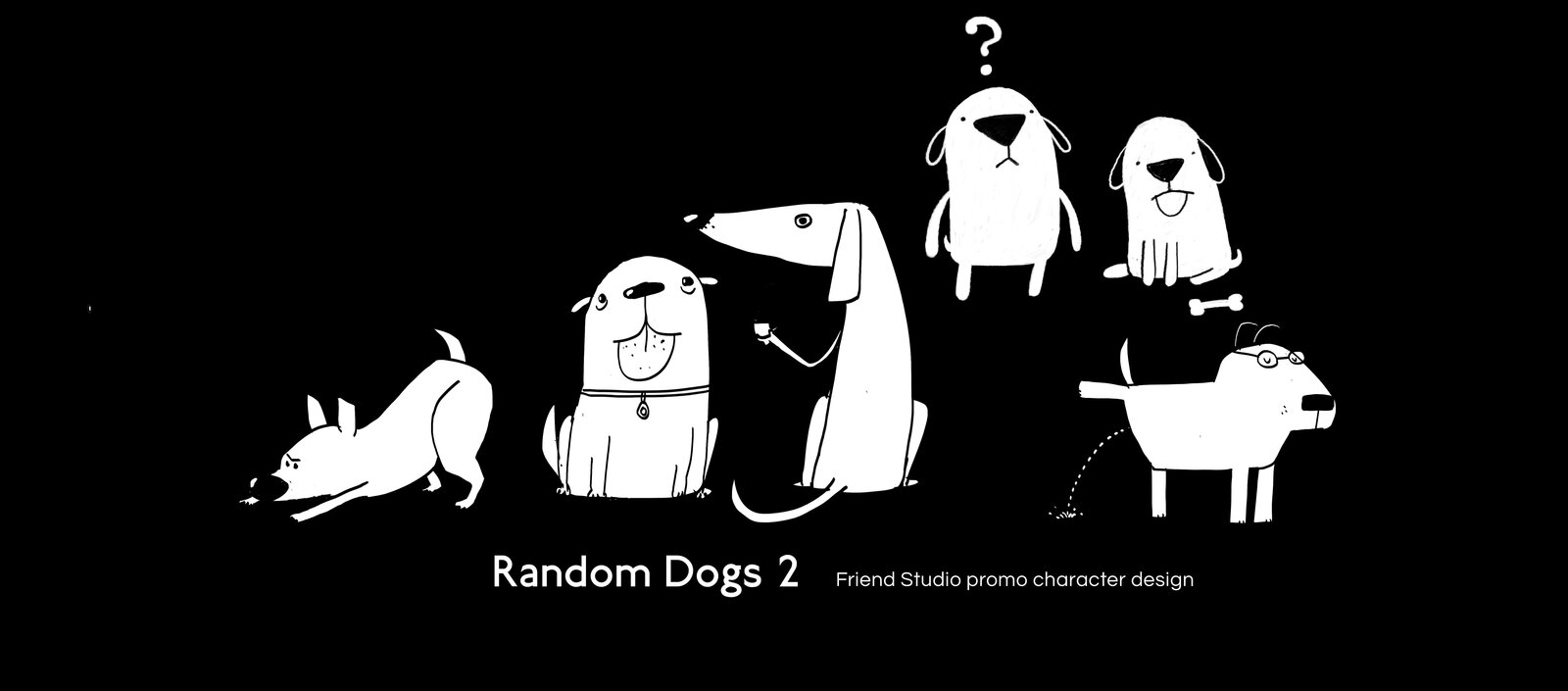 Sheet of rough dog character sketches labelled 'Random Dogs 2', exploring breed and proportion for Friend Studio's mascot