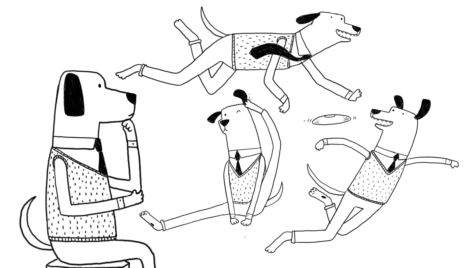 Plato character structure sheet, showing front, side and back views alongside surprised and happy expressions, referencing Hey Duggee's animation style
