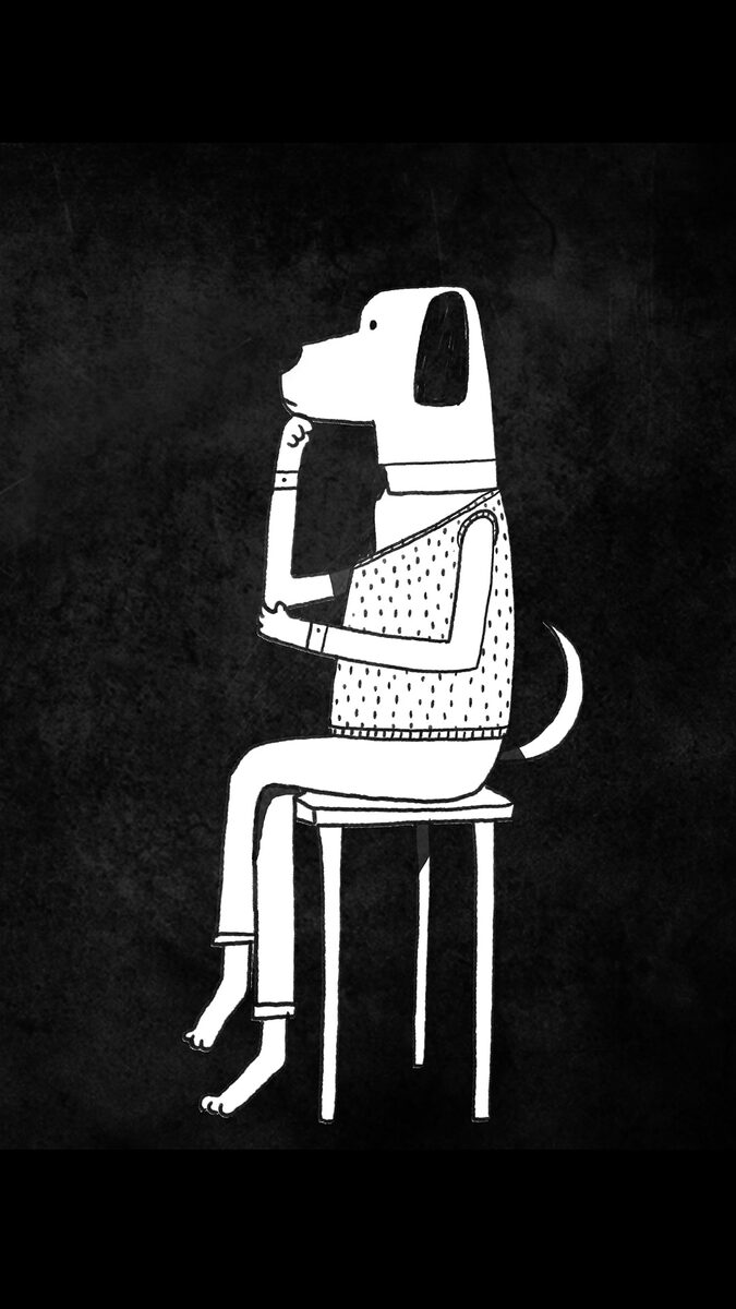 Moody black-and-white illustration of Plato, in a sweater, sitting thoughtfully on a stool