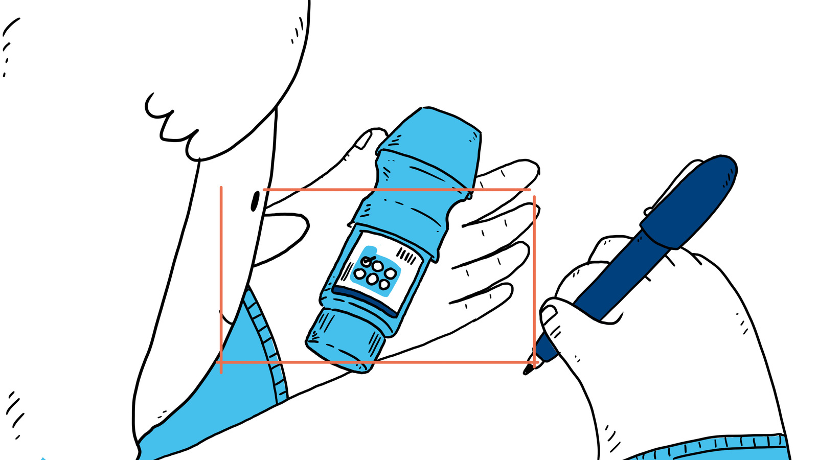 Close up illustration of a hand holding a Respimat inhaler being measured against a pen for accuracy