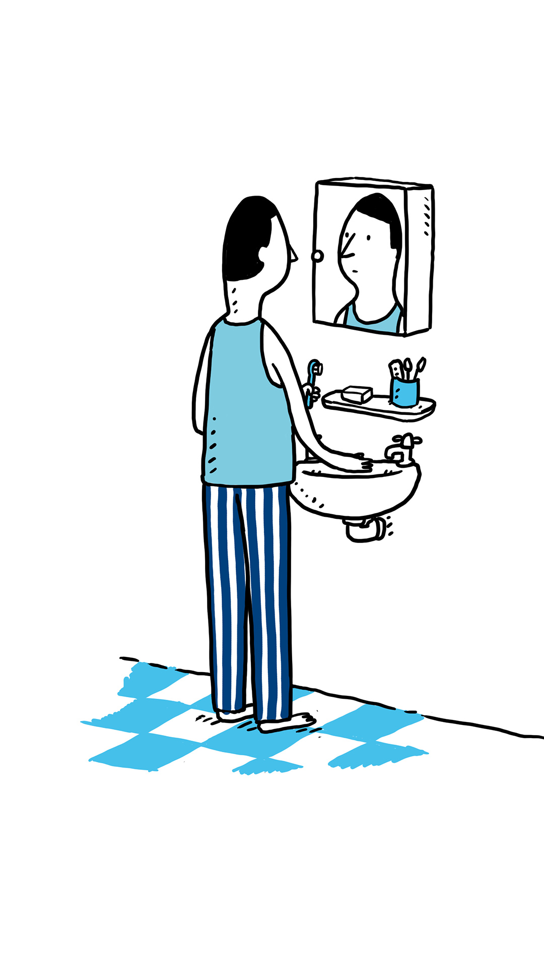 Illustrated figure in striped pyjamas washing up at a bathroom sink, checkerboard floor tiles below