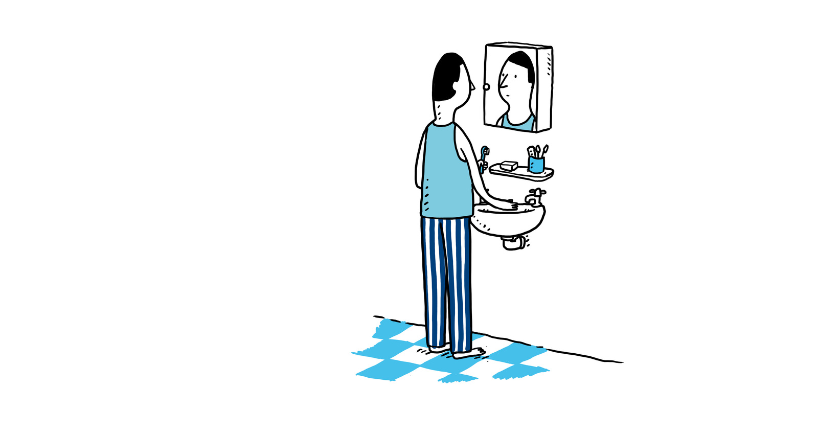 Illustration of a man at a bathroom sink and mirror