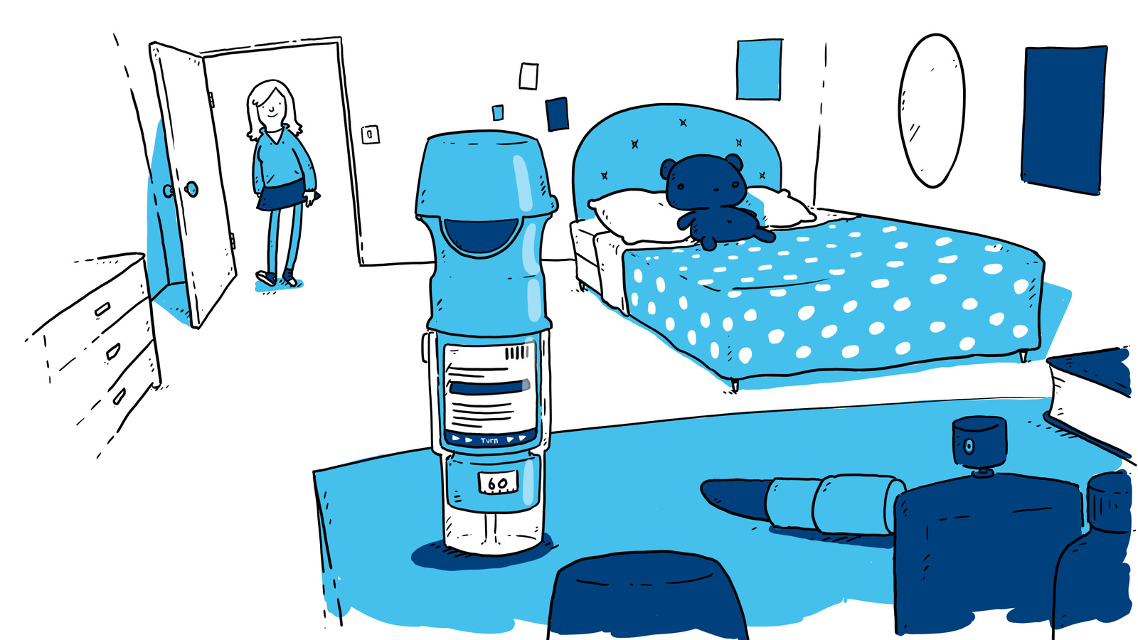 Illustrated bedroom scene with a Respimat inhaler on a bedside table