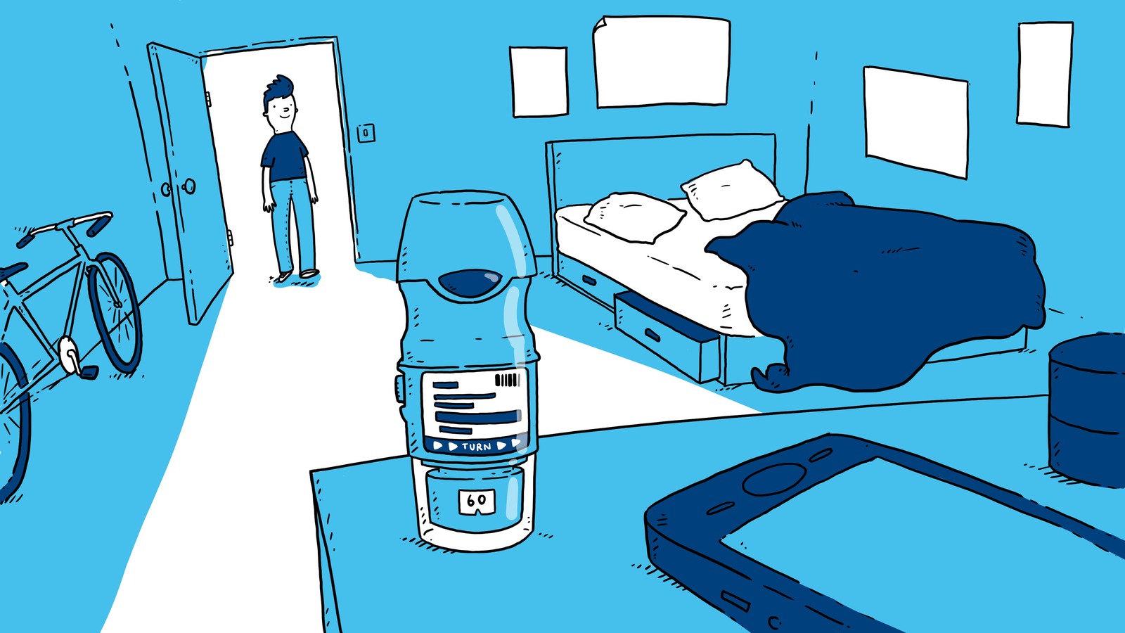 Illustrated bedroom scene with a Respimat inhaler on a bedside table, bicycle visible