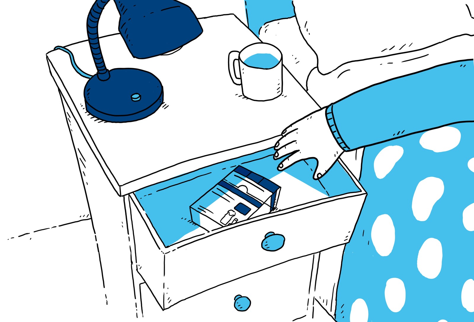 Illustration of a hand reaching into a bedside drawer for a Respimat inhaler