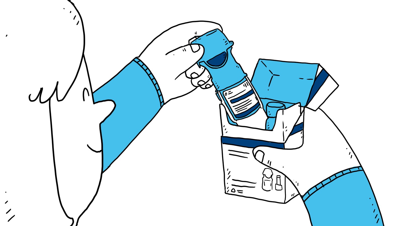 Illustration of a hand inserting a cartridge into a Respimat inhaler box