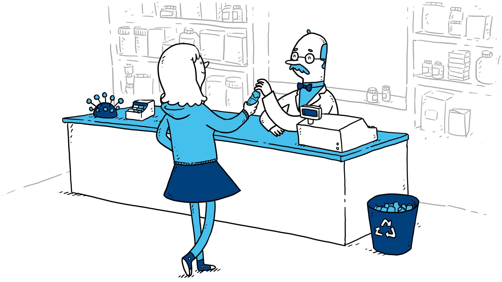 Illustration of a customer collecting a prescription at a pharmacy counter