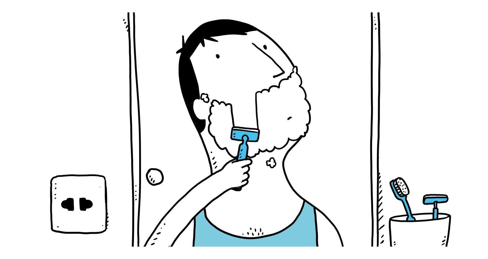 Illustration of a man shaving at a bathroom mirror
