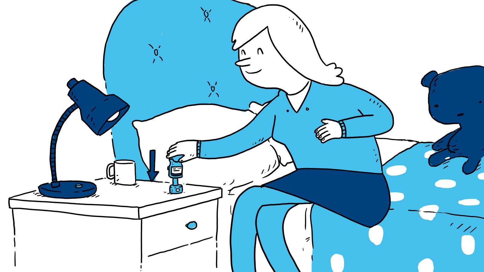 Illustration of a woman sitting on a bed using a Respimat inhaler, teddy bear beside her