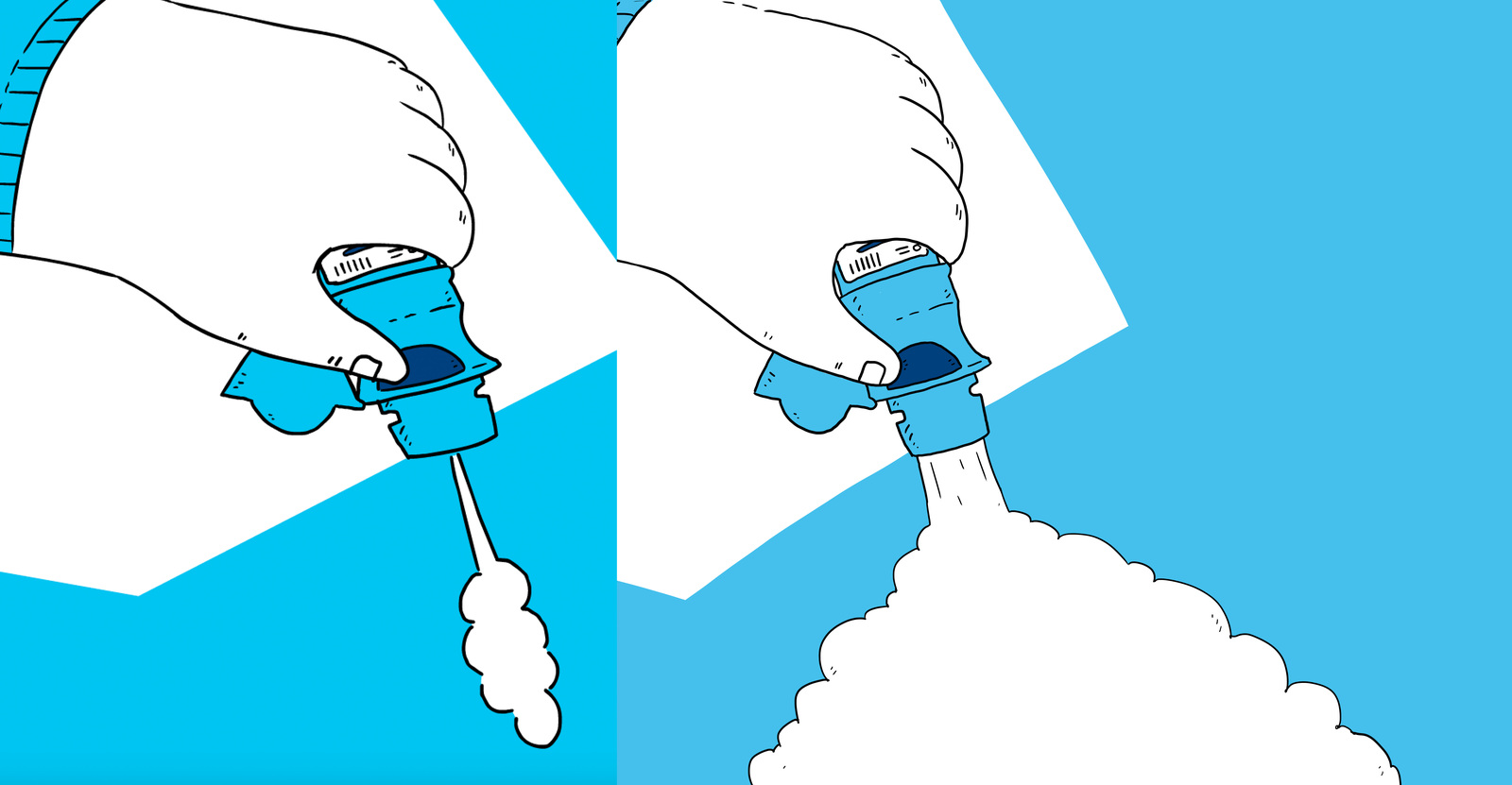 Illustrated hand pressing a Respimat inhaler, releasing a visible mist spray