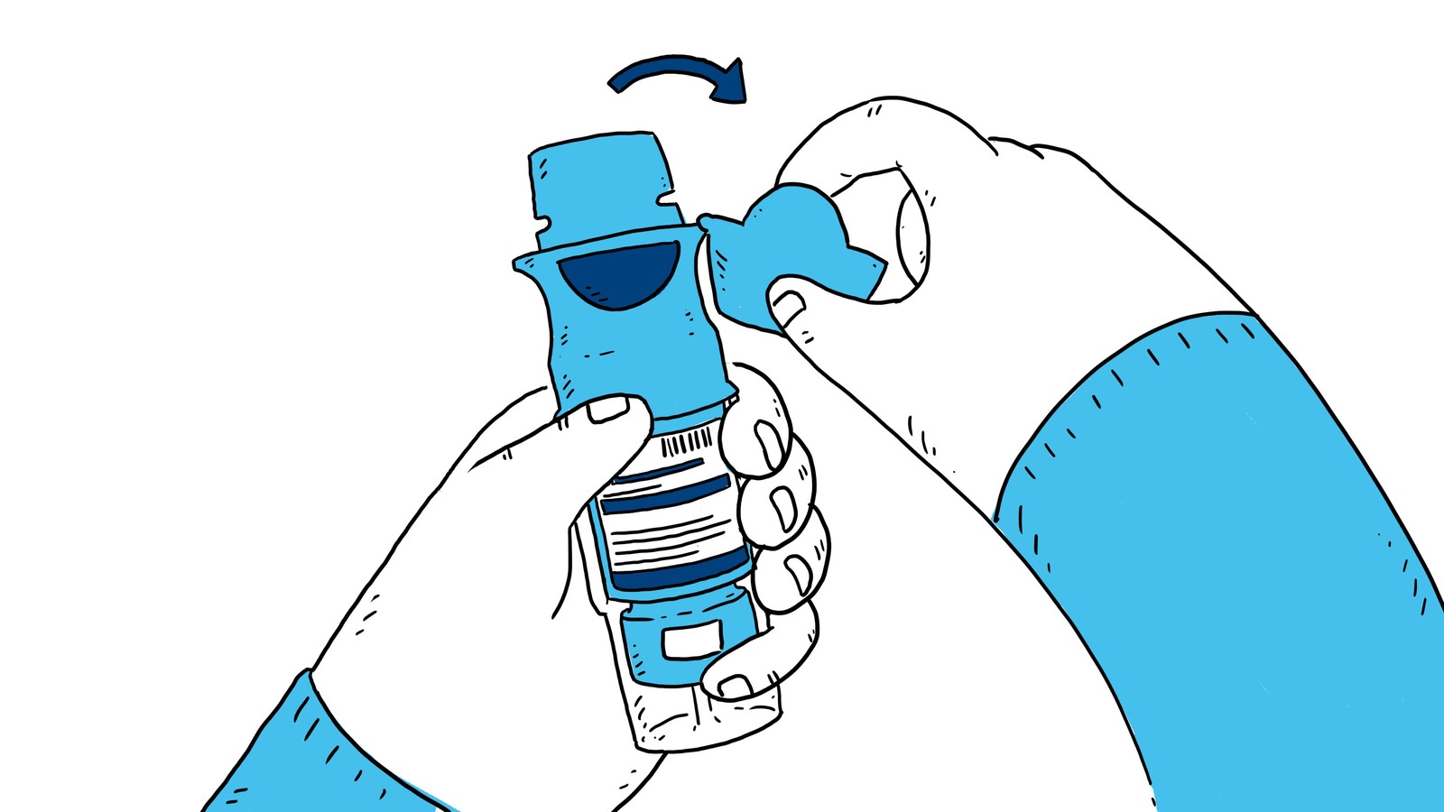 Illustrated hand turning the base of a Respimat inhaler, second angle