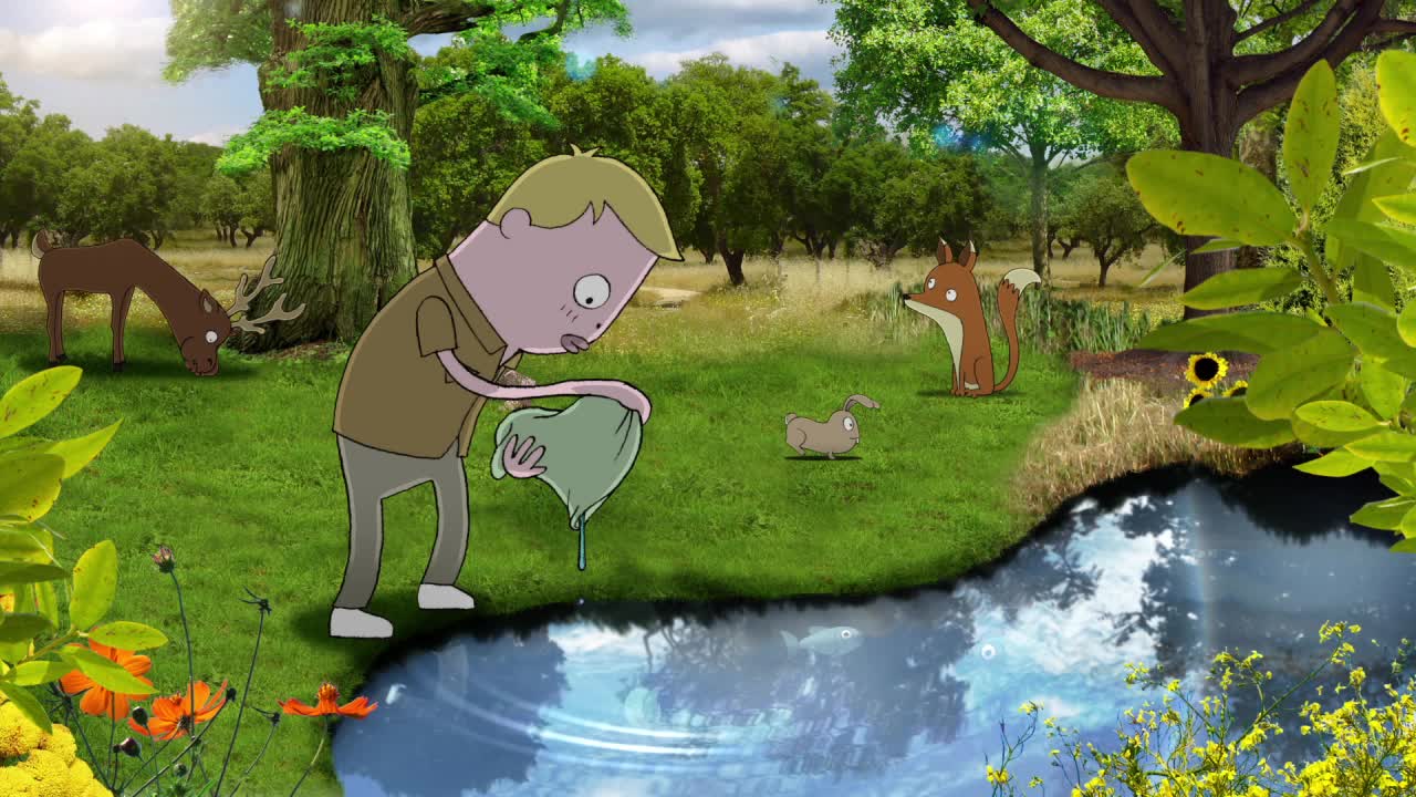 Restore The Earth, Freddy Footprint releasing a fish back into a pond, surrounded by woodland animals