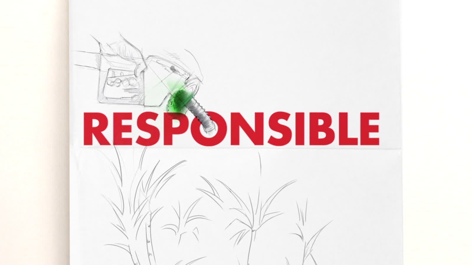 Hand drawn illustration of a fuel pump and sugar cane, labelled RESPONSIBLE and BIOFUEL