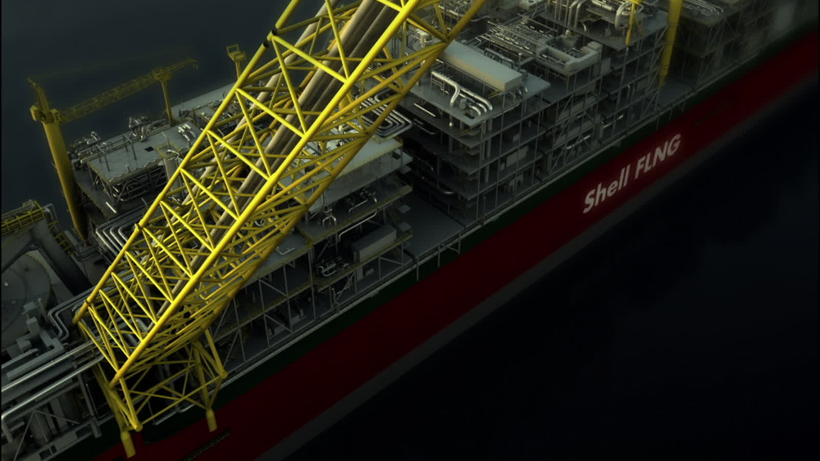 3D animated Shell FLNG vessel, its own wordmark visible on the hull