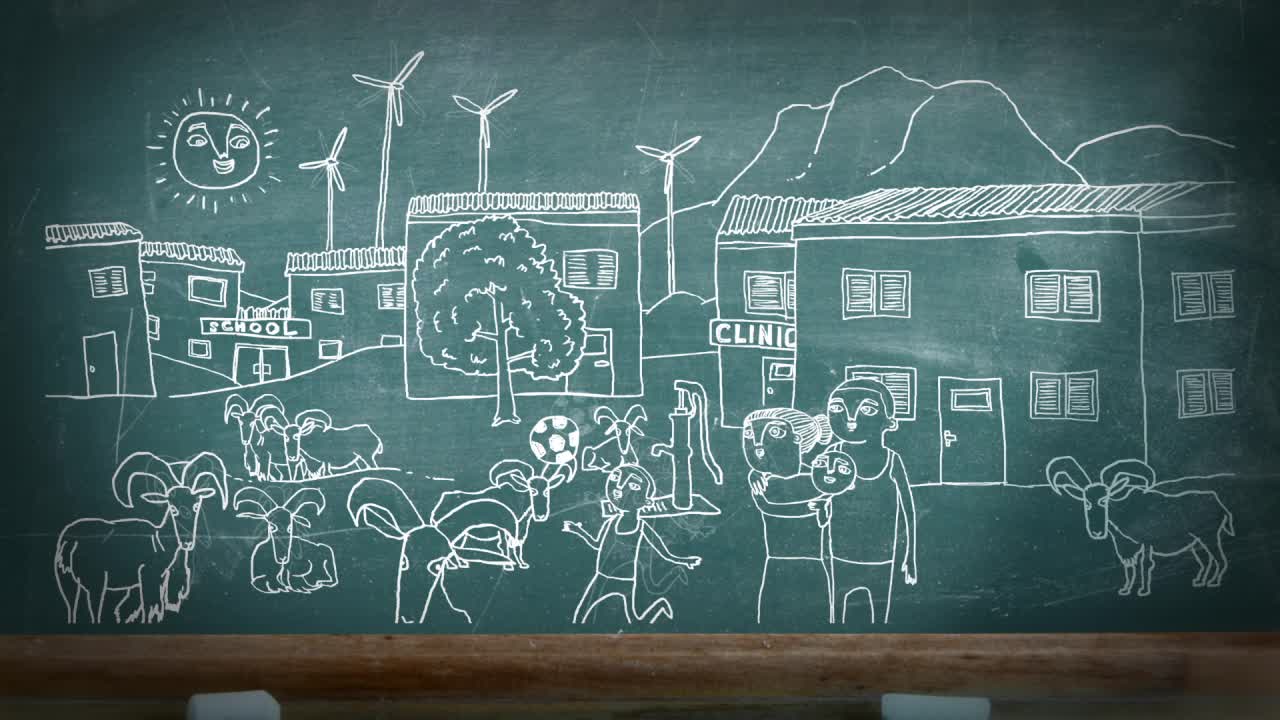 Tearfund film, a coloured chalkboard village scene showing a school, a clinic, wind turbines and a family