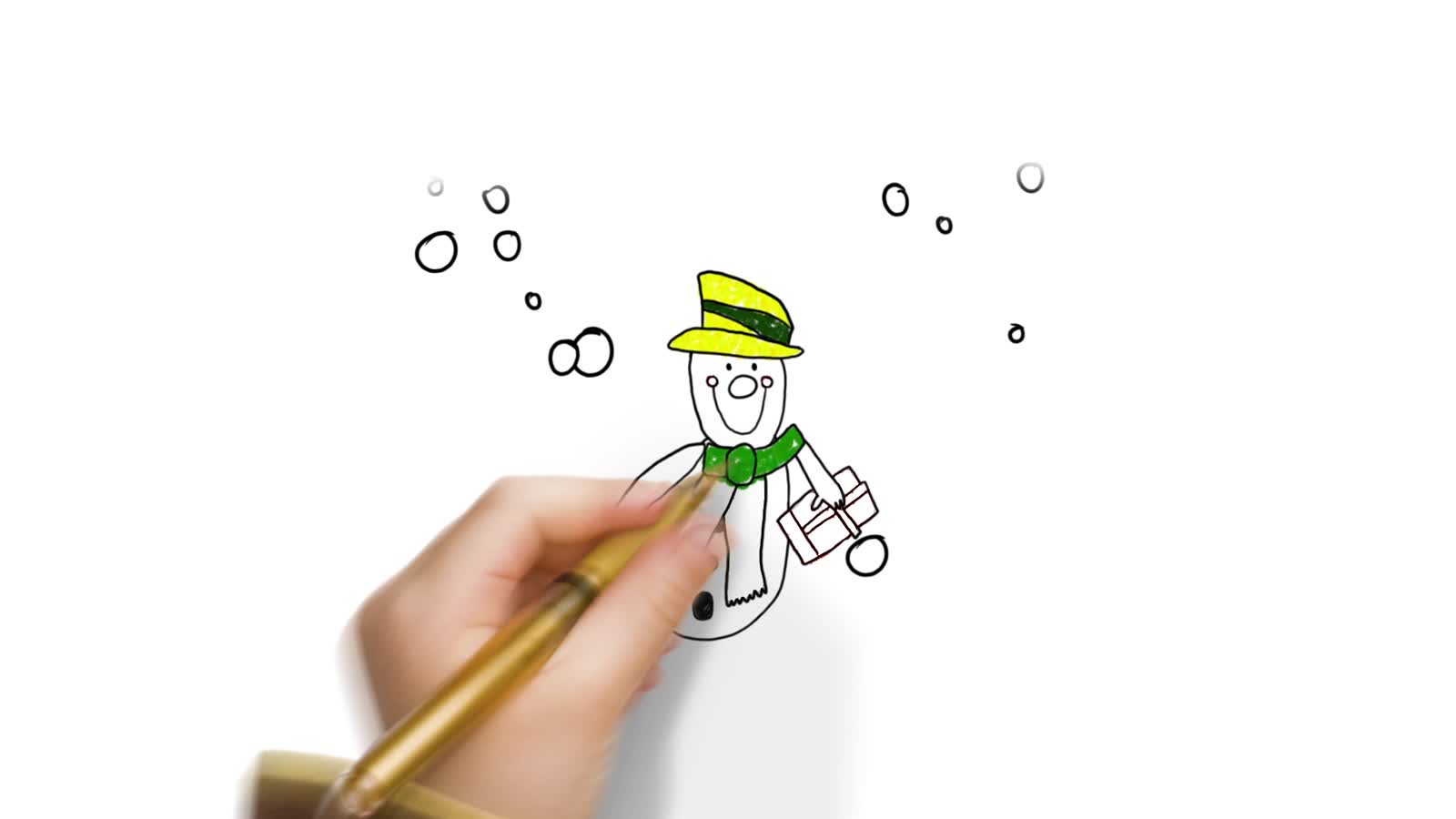 Hand drawn snowman in a yellow hat and green scarf, waving a gift in the air