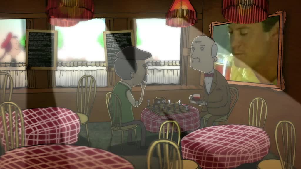 Unilever, Refreshment Film, two illustrated men playing chess in a cafe