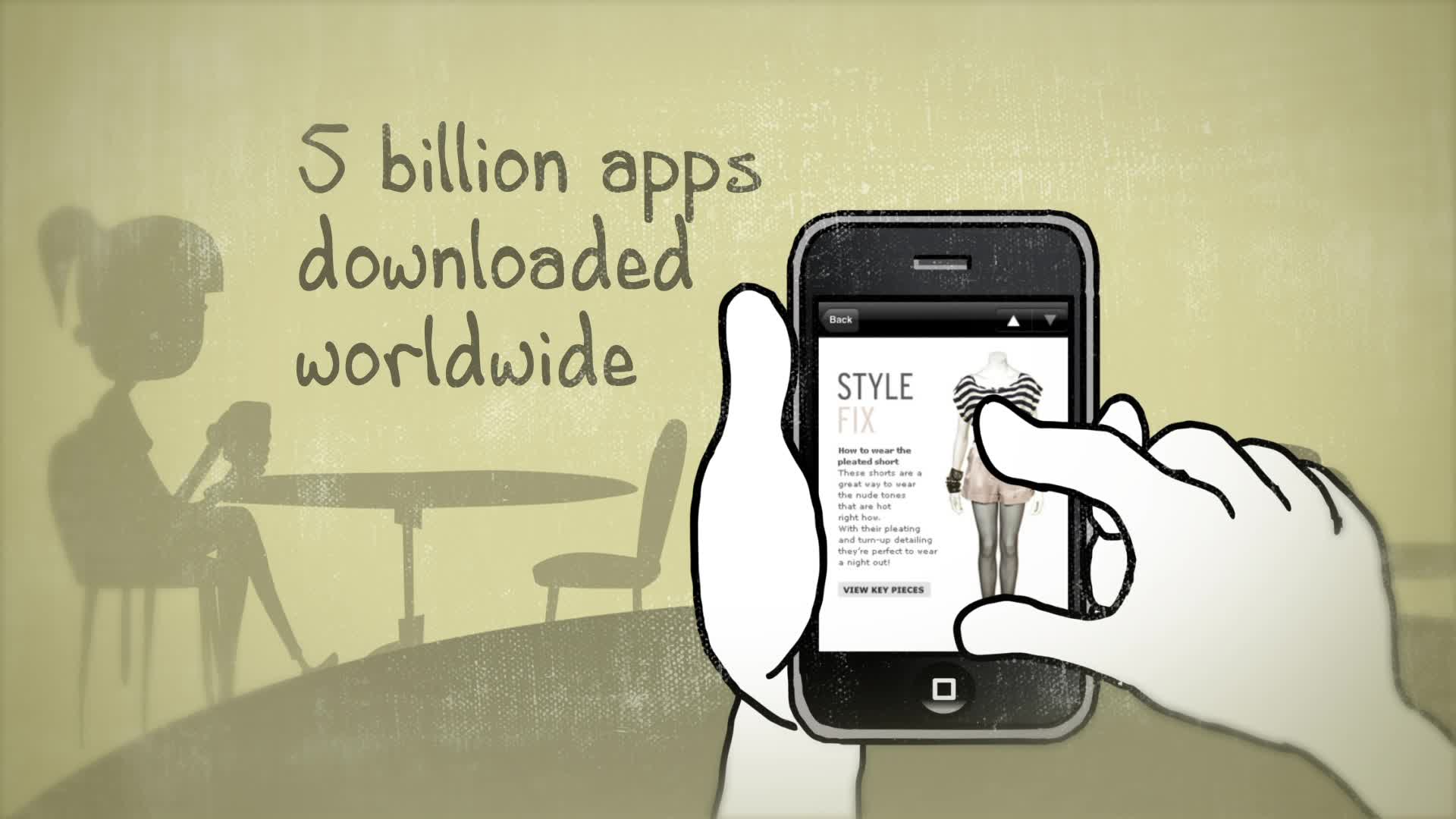 Unilever UK Mums Animation, a hand browsing a shopping app on a phone, beside the on screen statistic "5 billion apps downloaded worldwide"