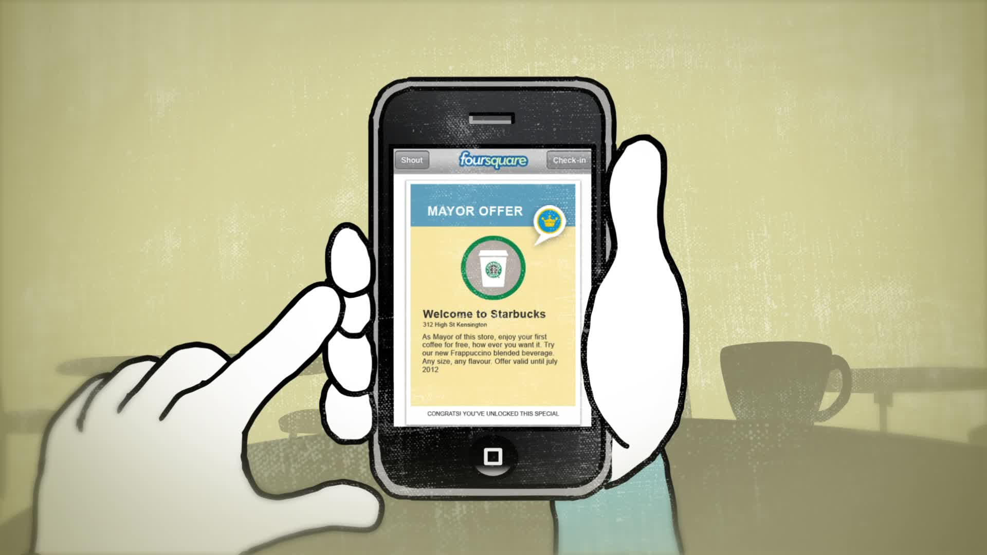 Unilever UK Mums Animation, a hand holding a phone showing a Foursquare "Mayor Offer" for a free Starbucks coffee