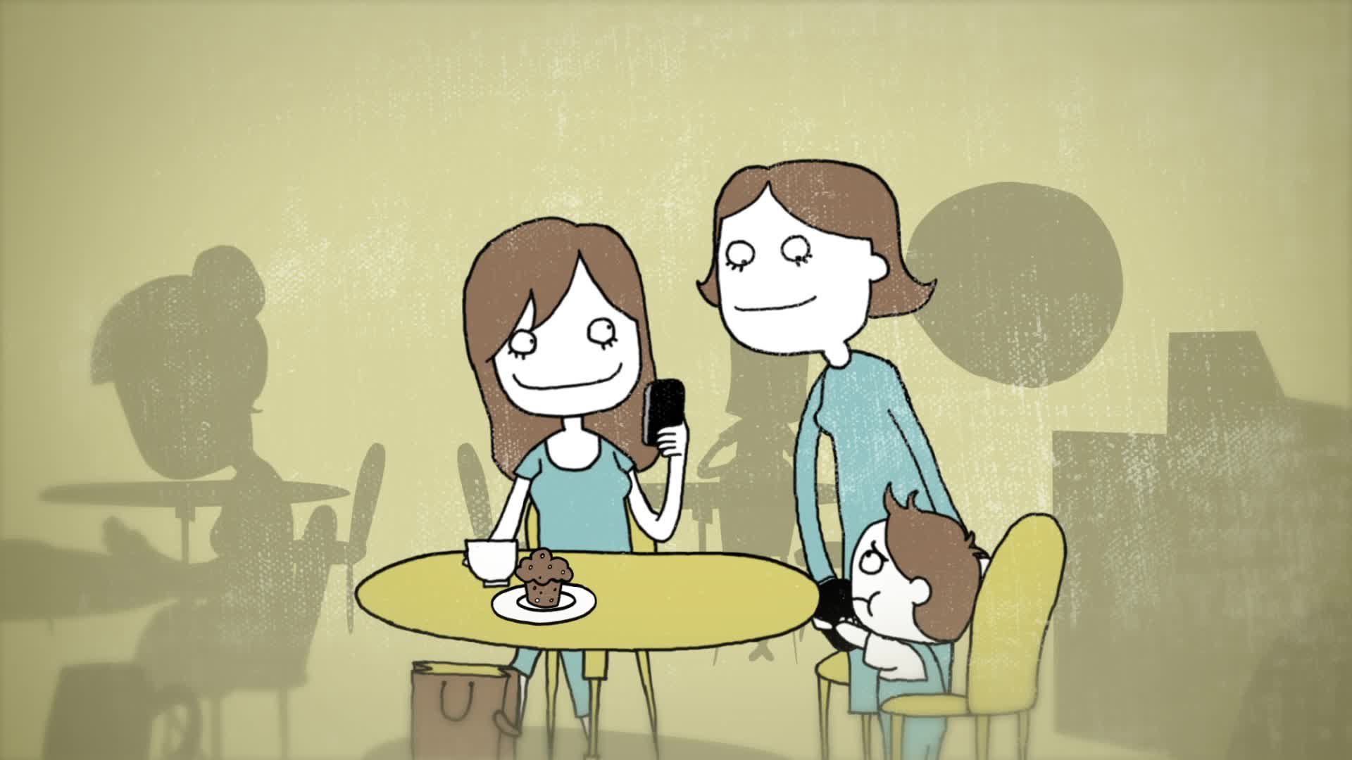 Unilever UK Mums Animation, two drawn mums at a café table, one checking her phone, with a child beside them