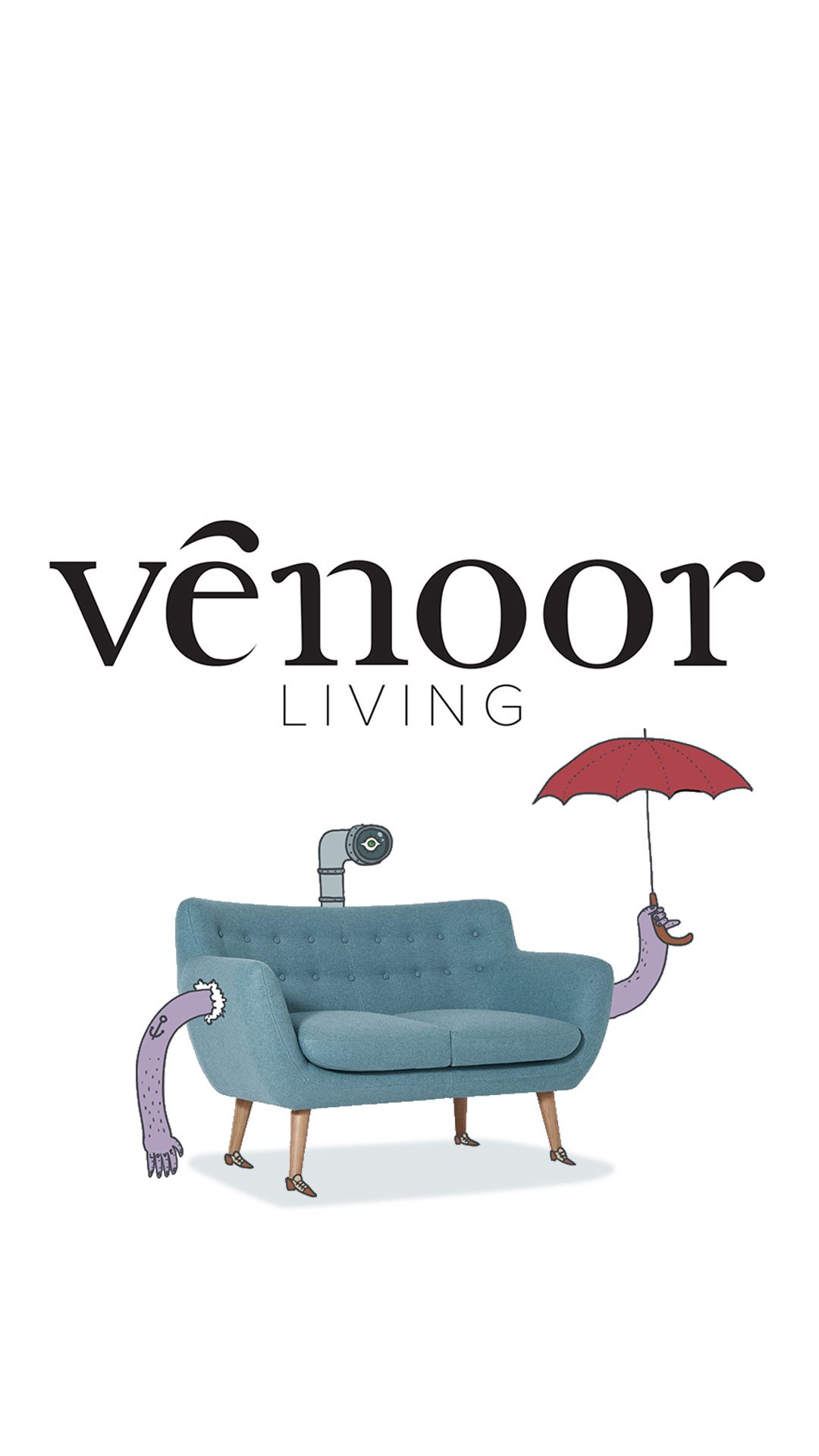 Venoor Living logo above an illustrated campaign image: a teal sofa with two illustrated creature arms, one holding a red umbrella, the other an anchor and sponge