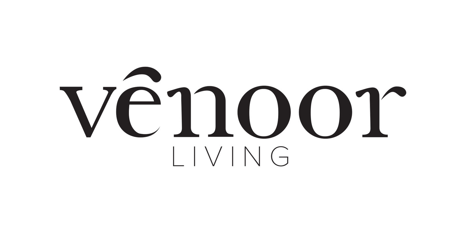 Venoor Living wordmark, a serif 'vênoor' set beneath a small house shaped roof accent over the ê, with 'Living' underneath