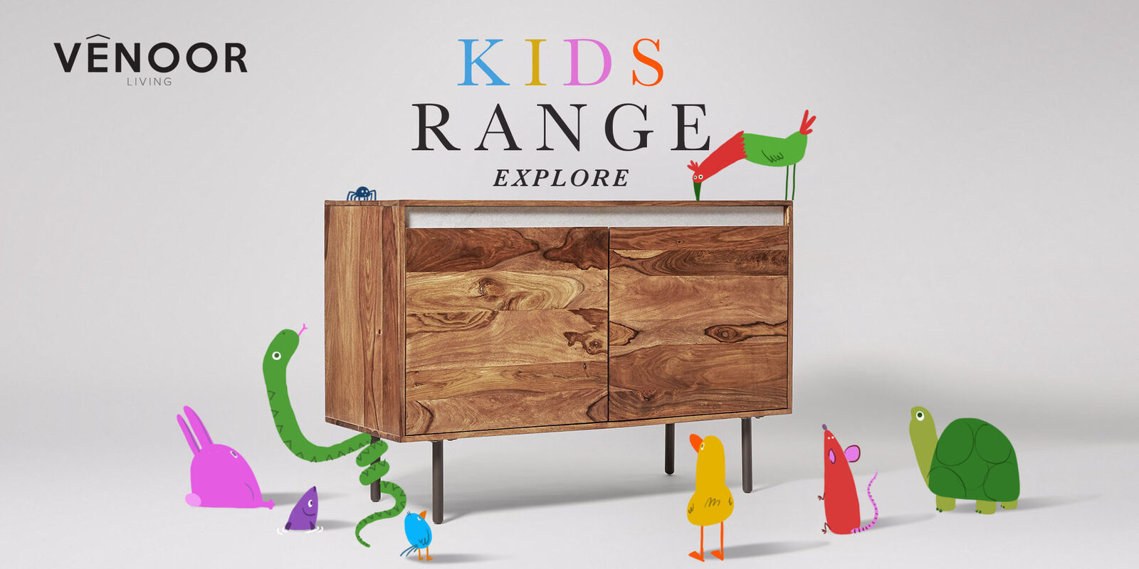 A parade of colourful illustrated animals around a Venoor Living sideboard, for the brand's 'Kids Range'
