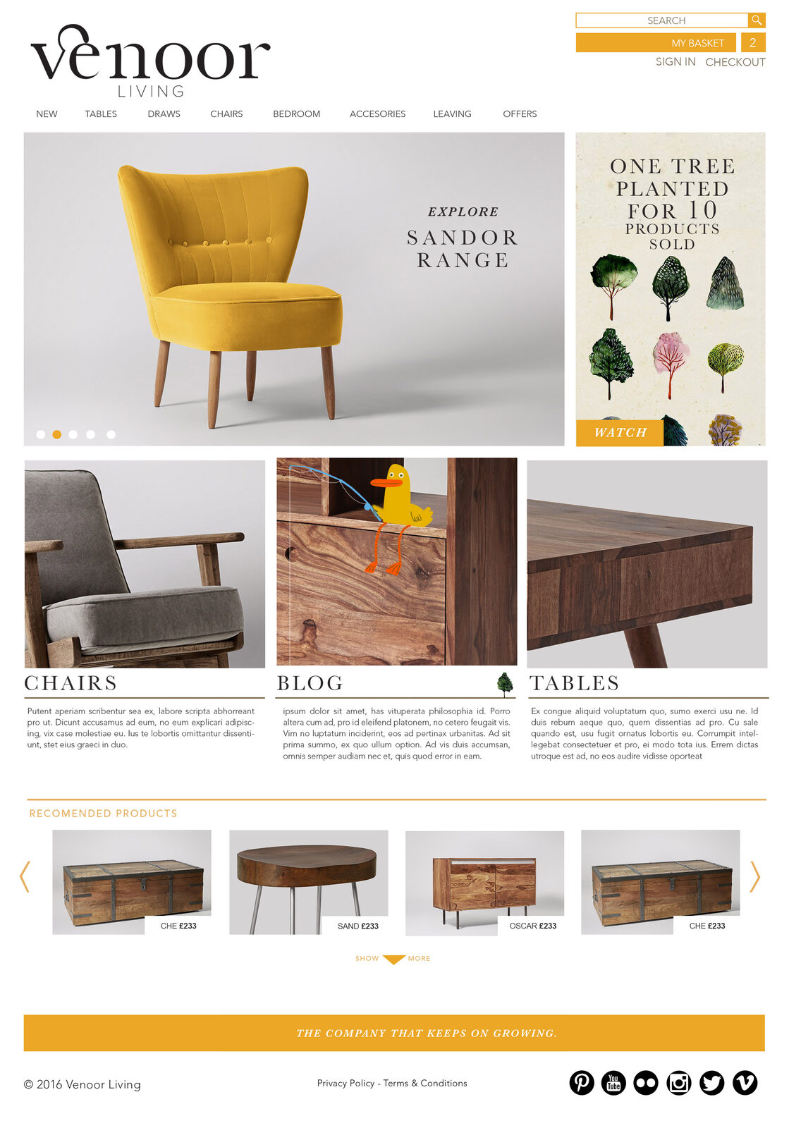 Earlier homepage design for Venoor Living, featuring the Sandor range chair and placeholder body copy