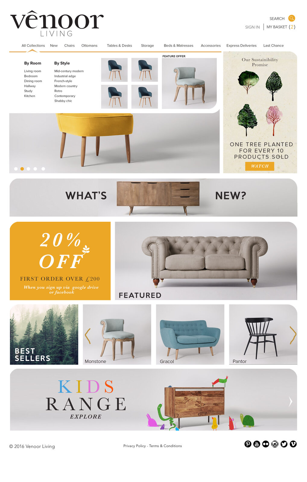 Venoor Living homepage design, featuring a yellow accent chair, a product grid and a 'one tree planted for every 10 products sold' sustainability panel