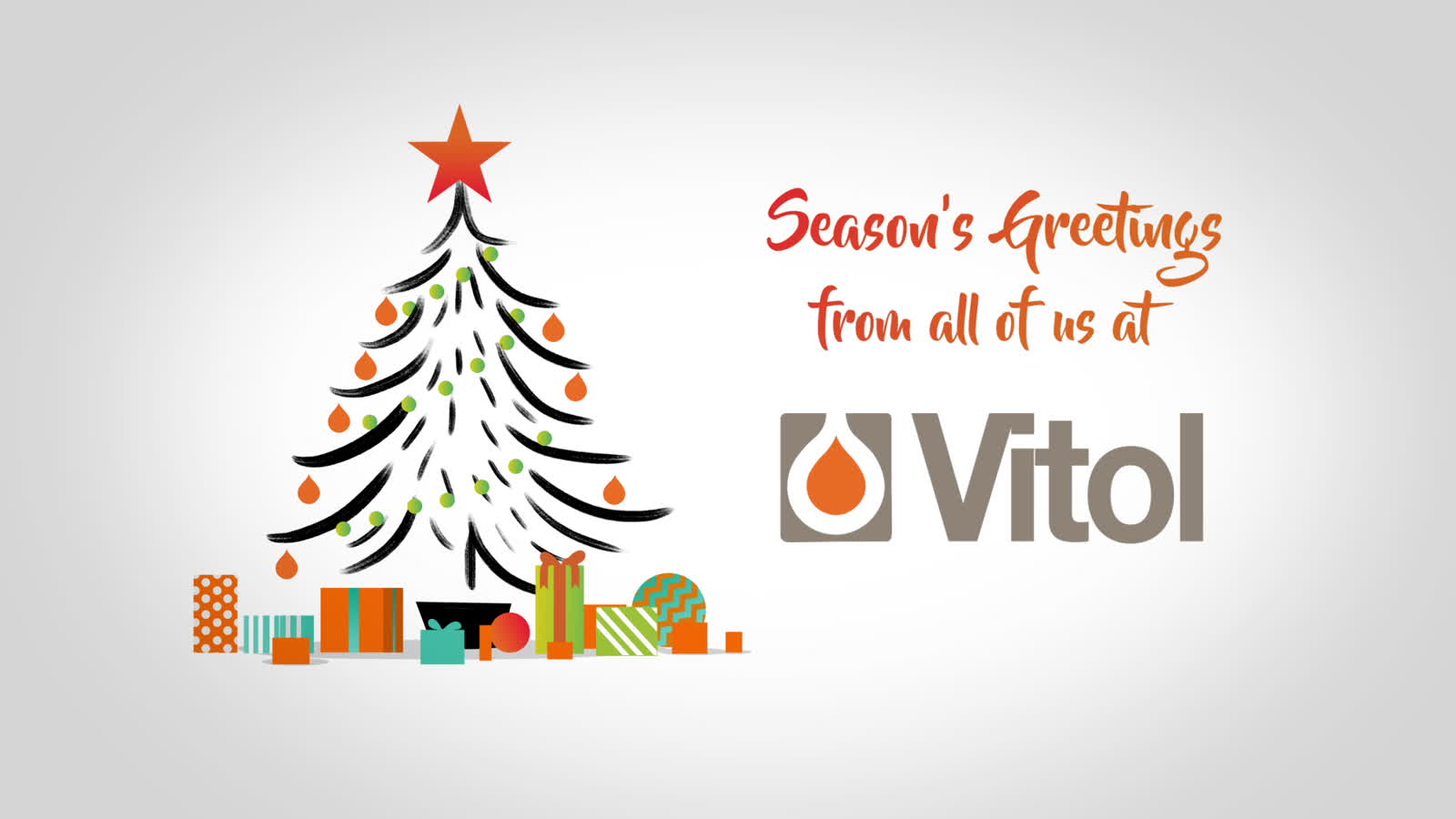 Vitol's closing Christmas card, showing a brush drawn tree, gifts, and the company's own logo