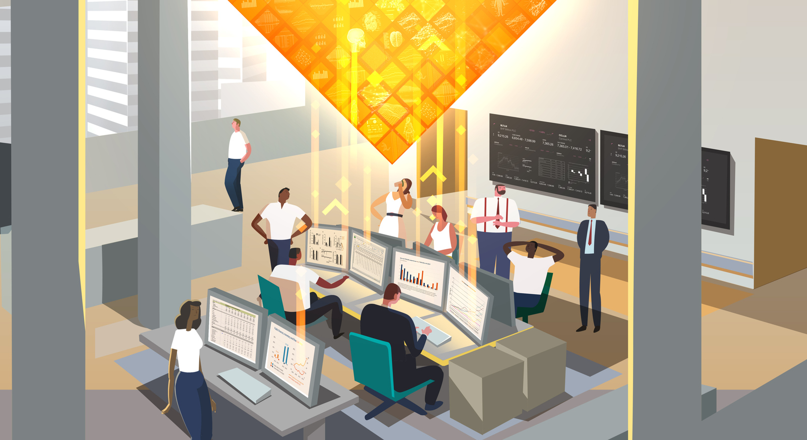 WanDisco, illustrated stock exchange floor beneath a data motif