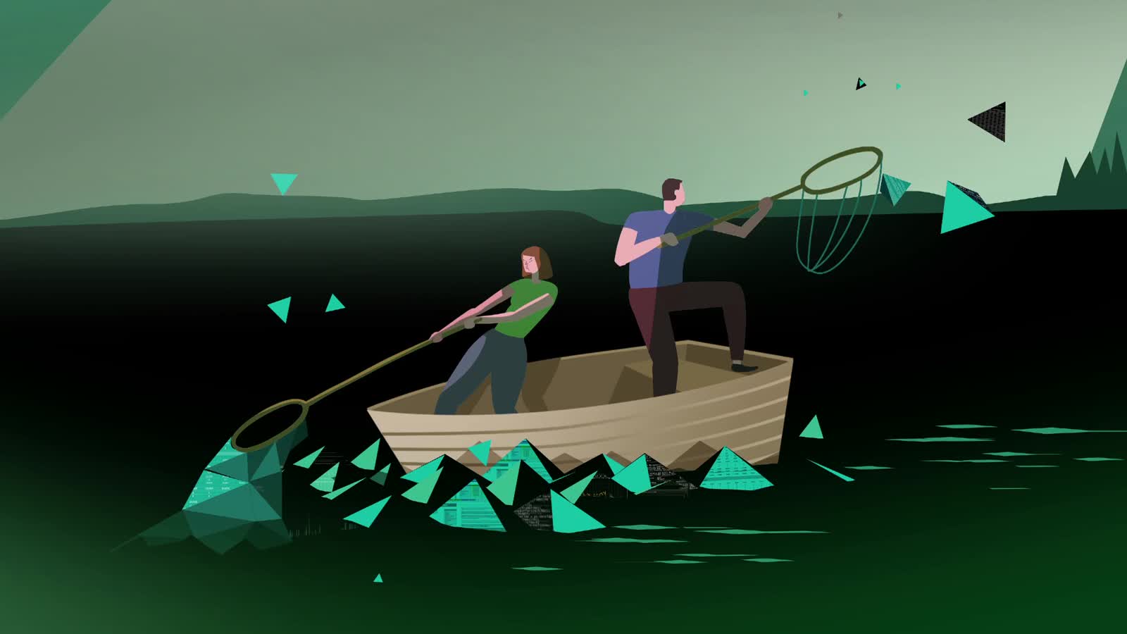 WanDisco, two illustrated figures in a rowing boat, pulling data particles from the water in nets