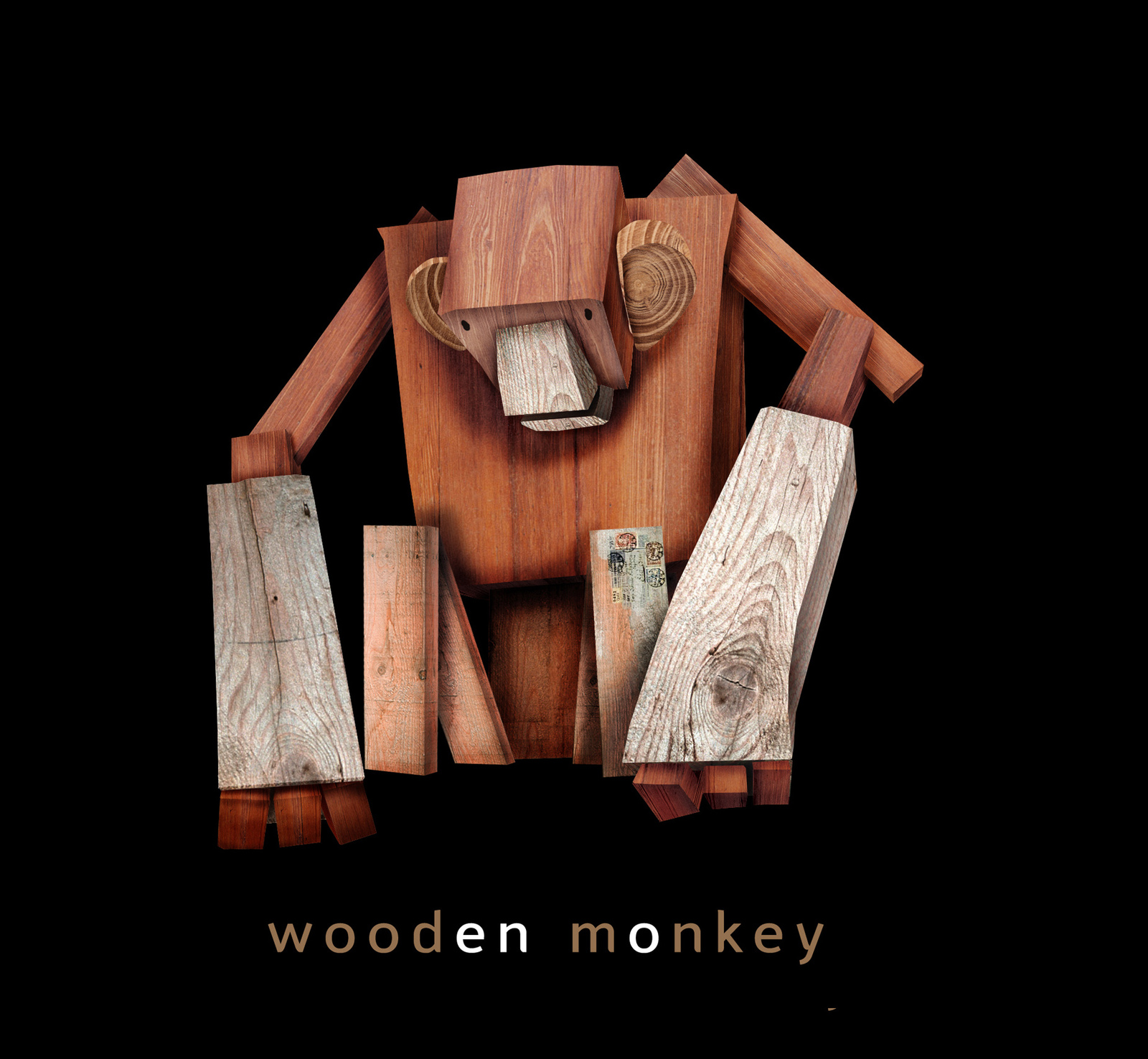 Wooden character design of a seated monkey, built from reclaimed wood with visible joints and grain
