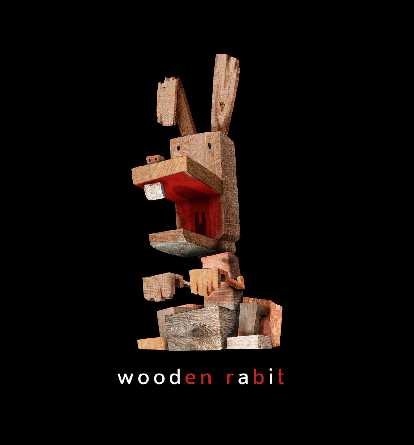 Wooden character design of a rabbit, built from reclaimed wood with visible joints and grain, red painted mouth