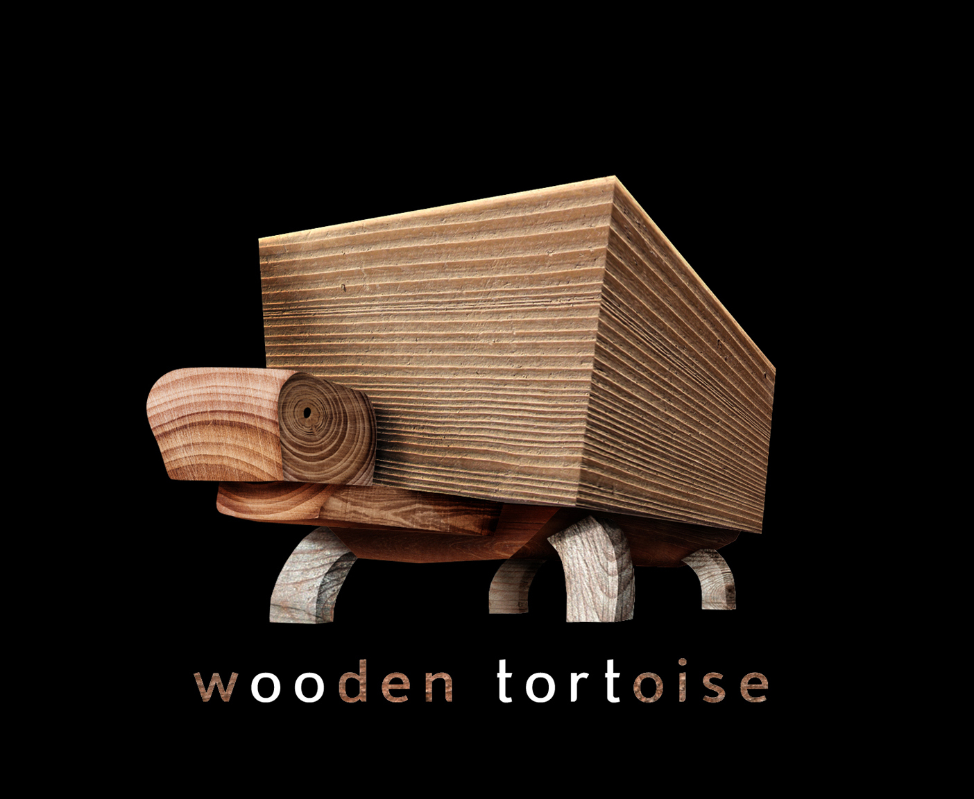 Wooden character design of a tortoise, its shell built from a single block of layered plywood