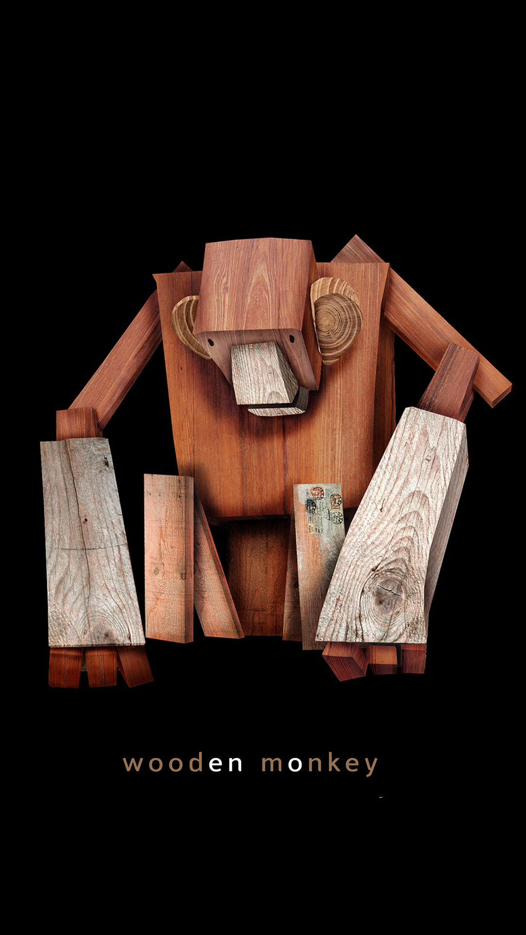 Wooden character design of a monkey built from reclaimed wood planks, labelled 'wooden monkey'